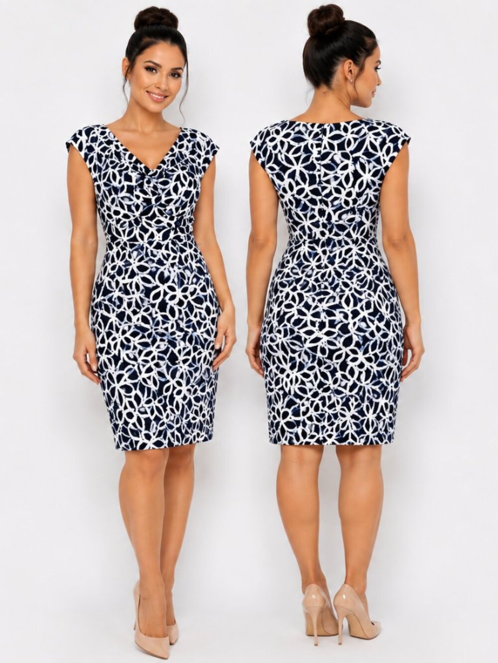 Lauren Ralph Lauren Navy White Abstract Link Ruched Cowl Neck Sheath Dress 4